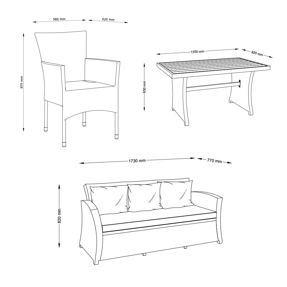 Sodo baldų komplektas LANGET+AIDT Stalas 82x135x65cm, sofa